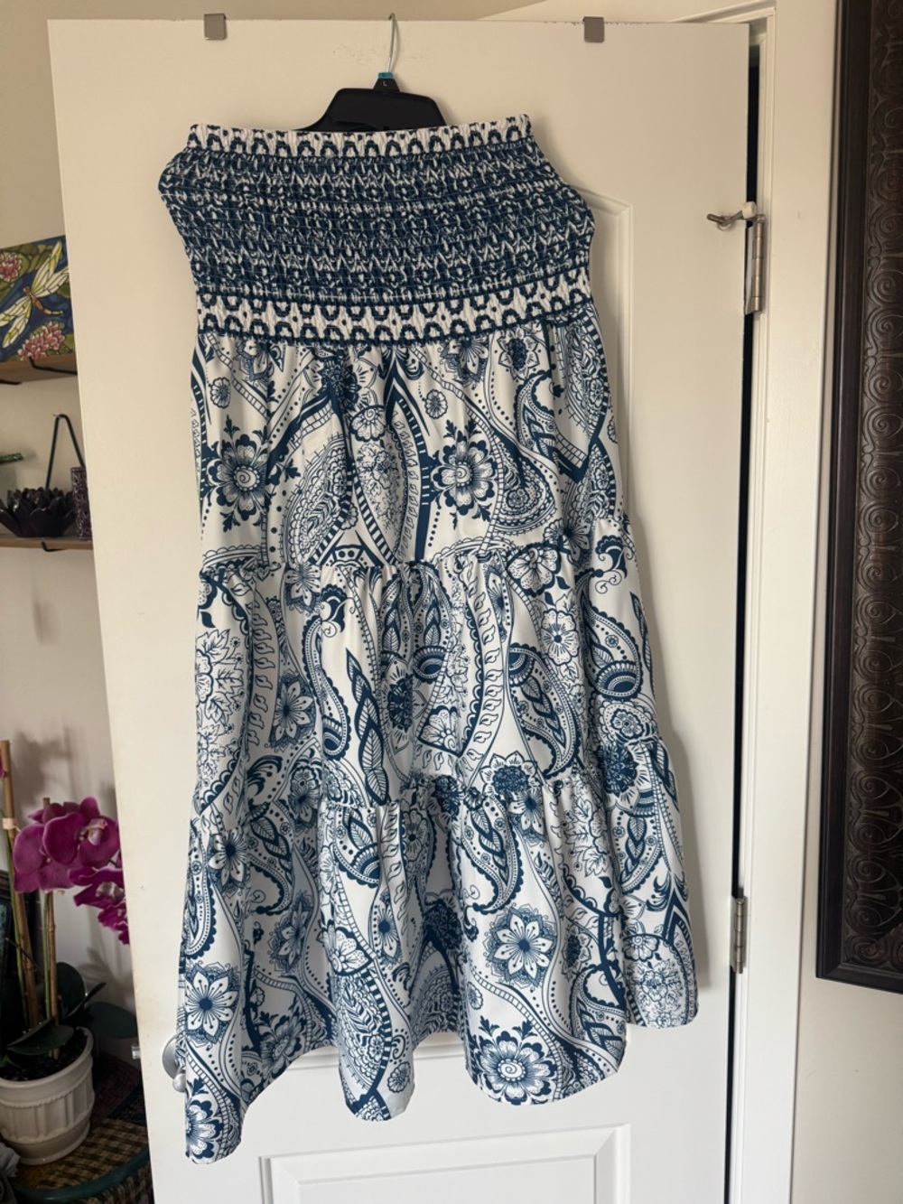 Smocked Waist White and Navy Paisley Maxi Skirt